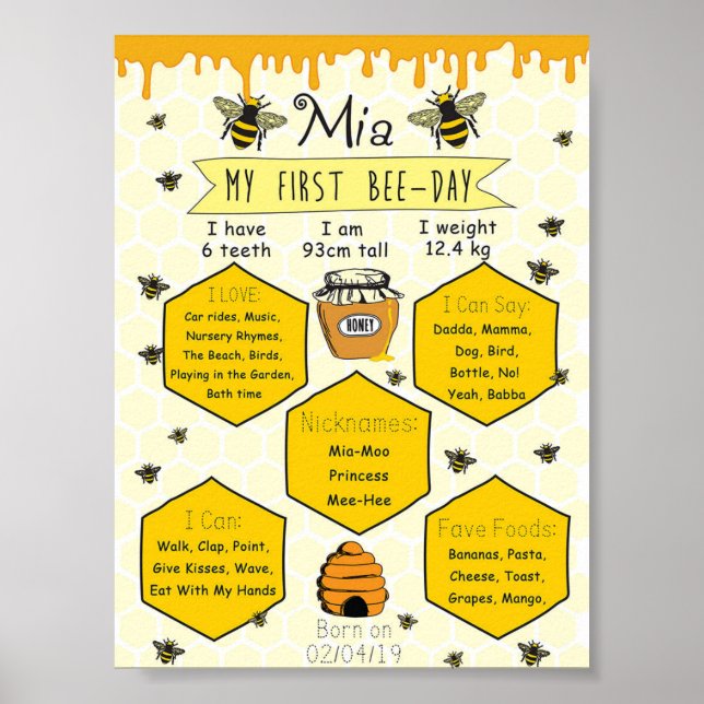 Honey Bee Party Milestone 1st Bee-Day Poster (Front)