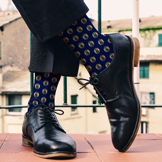 Honey Bee Pattern - Navy Blue & Taupe Classy Retro Socks (Creator Uploaded)