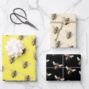 Honey Bee Pattern Yellow Black Wrapping Paper Sheet