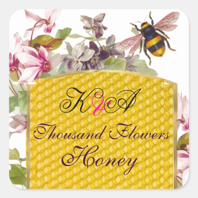 HONEY BEE,PINK CYCLAMEN FLOWERS BEEKEEPER MONOGRAM SQUARE STICKER (Front)