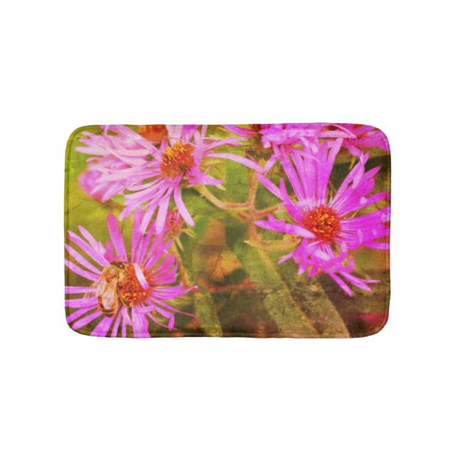Honey Bee Pink New England Aster Flower Abstract  Bath Mat (Front)
