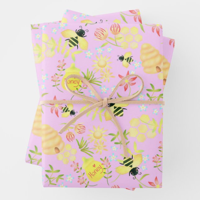 Honey Bee Pink Wrapping Paper Sheet (In situ)