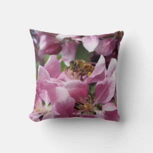 Honey Bee Pollinating Pink Crabapple Tree Blossom Cushion