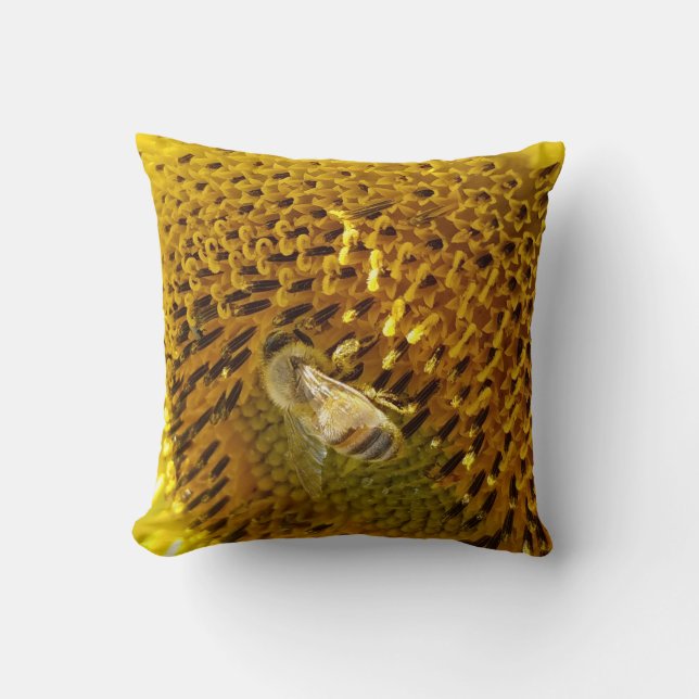Honey Bee Pollinating Sunflower Blossom Cushion (Front)