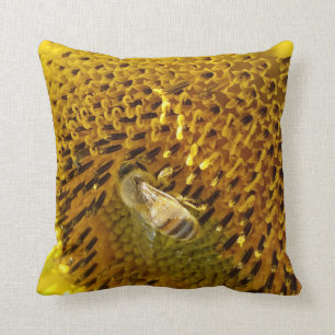 Honey Bee Pollinating Sunflower Blossom Cushion