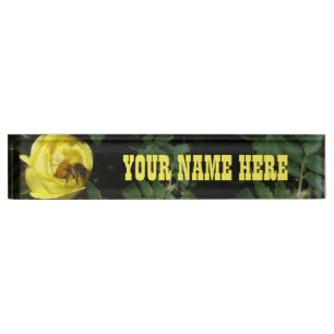 Honey Bee Pollinating Yellow Rose Nameplate