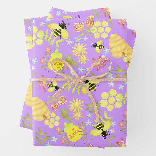 Honey Bee Purple Wrapping Paper Sheet (In situ)