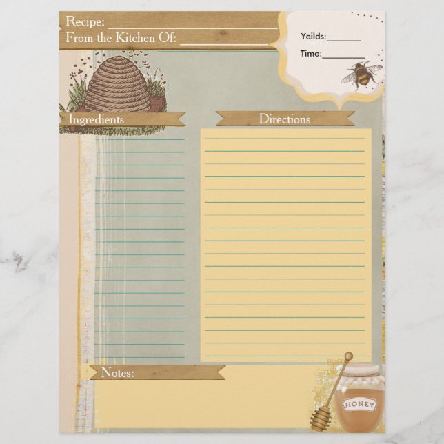 Honey Bee Recipe Card Insert (Front)