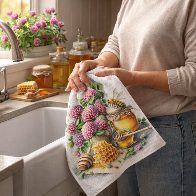 Honey Bee Red Clover Farmhouse Kitchen Towel   (Honey Bee Red Clover towel adds farmhouse charm with sweet honey hues and blooming clover style.)