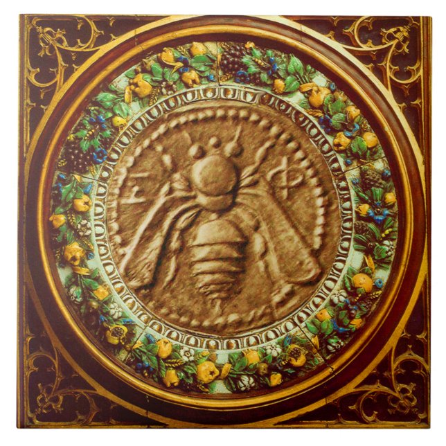 HONEY BEE / RED GREEN FLORENTINE FLORAL CROWN CERAMIC TILE (Front)