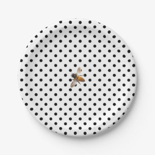 Honey Bee retro black white polka-dot pattern Paper Plate