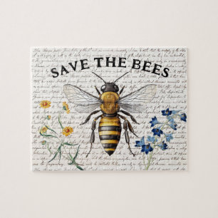 Honey Bee Save the Bees Script Flowers Jigsaw Puzzle