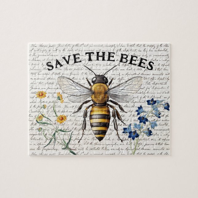 Honey Bee Save the Bees Script Flowers Jigsaw Puzzle (Horizontal)