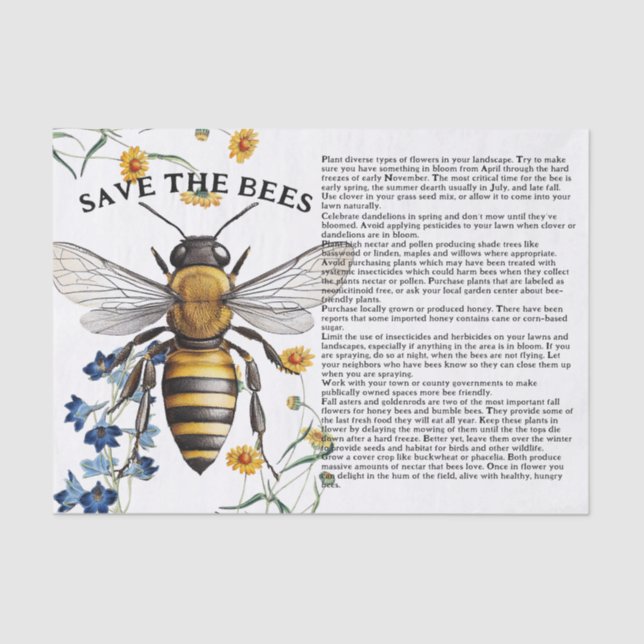 Honey Bee Save the Bees Tips Decoupage Tissue Paper (Front)