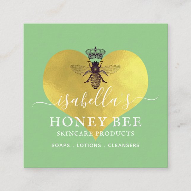 Honey Bee Skincare Gold Foil On Green Square Business Card (Front)