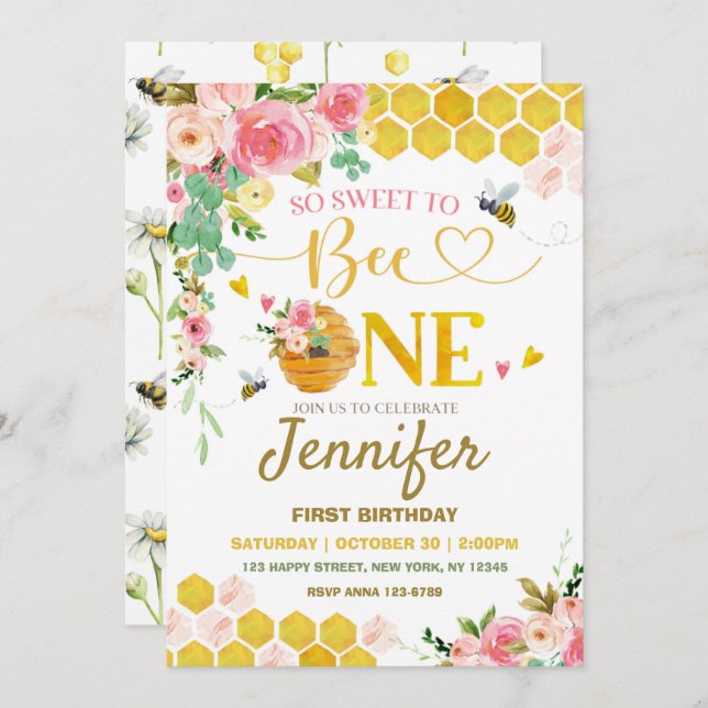 Honey Bee So Sweet to Bee One 1st Birthday Invitation (Front/Back)
