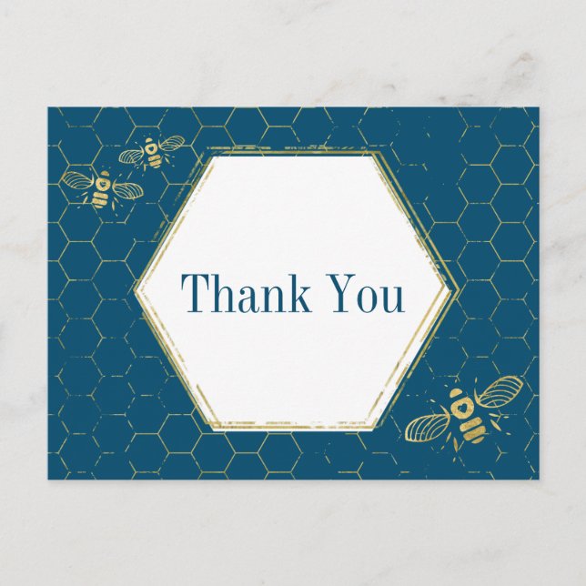 Honey Bee Teal Gold Pattern Thank You Postcard (Front)