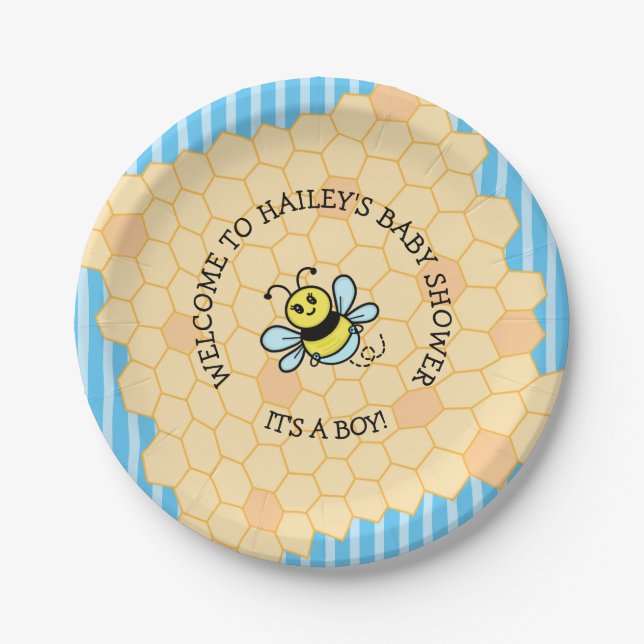 Honey Bee Themed Boy's Baby Shower Paper Plate (Front)