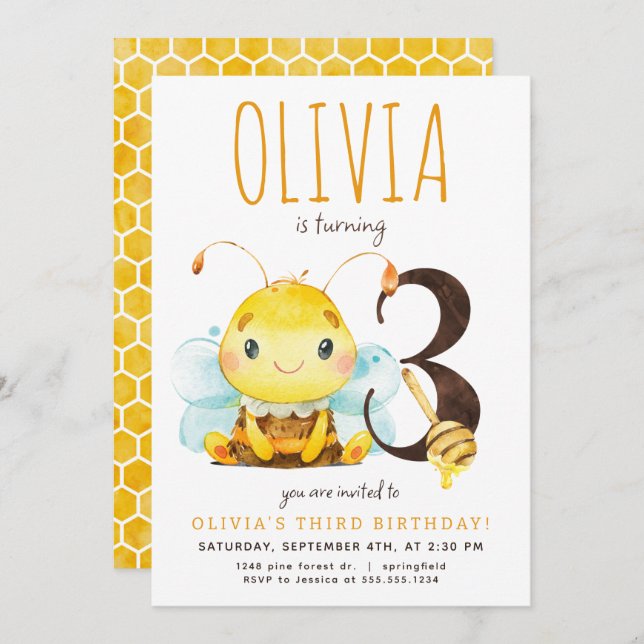 Honey Bee Third Birthday Invitation (Front/Back)