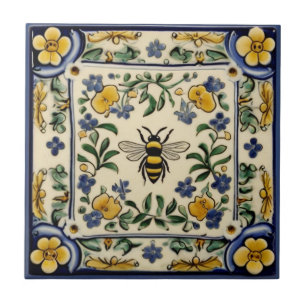 Honey Bee Traditional Blue Yellow Mediterranean Ceramic Tile