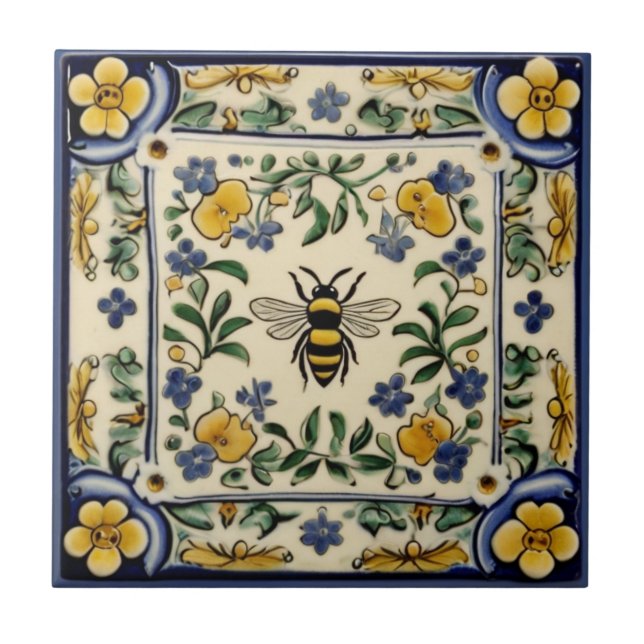 Honey Bee Traditional Blue Yellow Mediterranean Ceramic Tile (Front)
