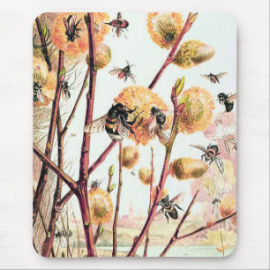 Honey bee vintage illustration teal pink yellow mouse pad