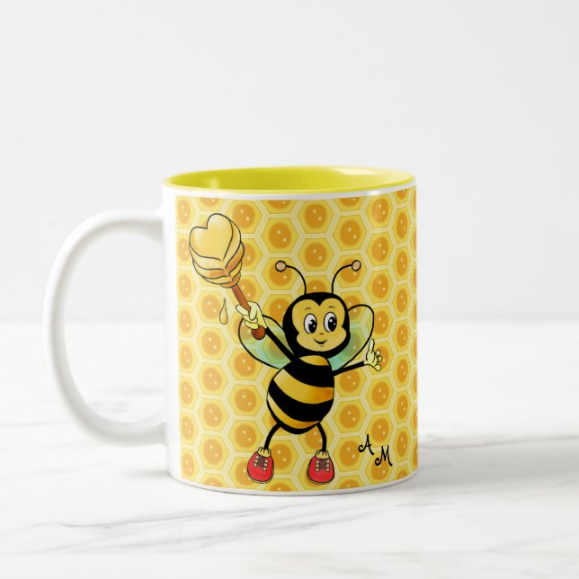 Honey Bee with Heart & Monogram Two-Tone Coffee Mu Mug (Left)