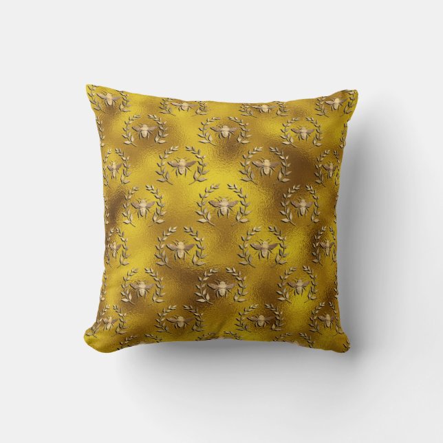 Honey bee wreath on faux gold fabric art cushion (Front)