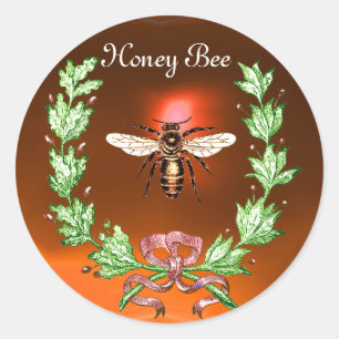 HONEY BEE ,WREATH WITH OAK LEAVES  AND RED RIBBON CLASSIC ROUND STICKER