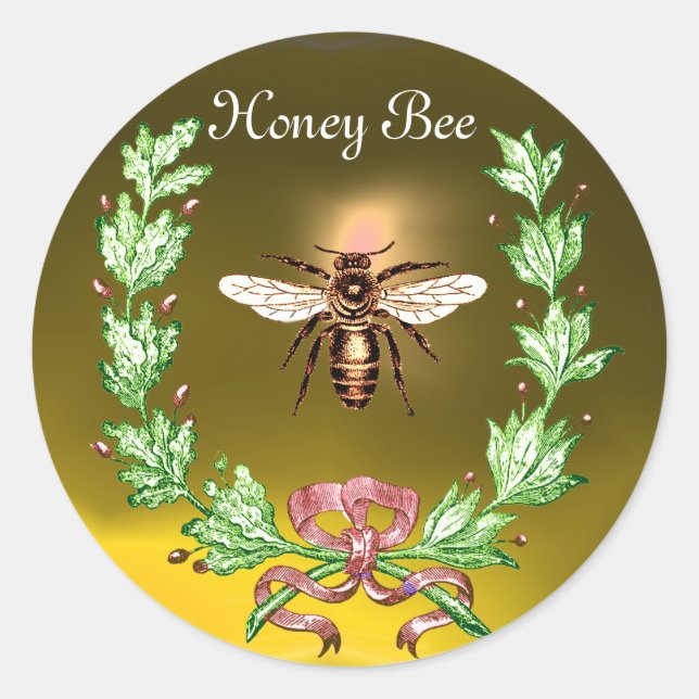 HONEY BEE ,WREATH WITH OAK LEAVES  AND RED RIBBON CLASSIC ROUND STICKER (Front)