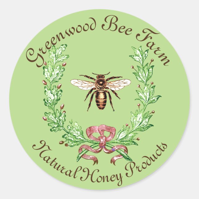 HONEY BEE ,WREATH WITH OAK LEAVES CLASSIC ROUND STICKER (Front)