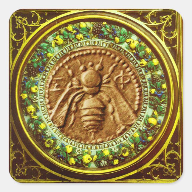 HONEY BEE / YELLOW GREEN FLORENTINE FLORAL CROWN SQUARE STICKER (Front)