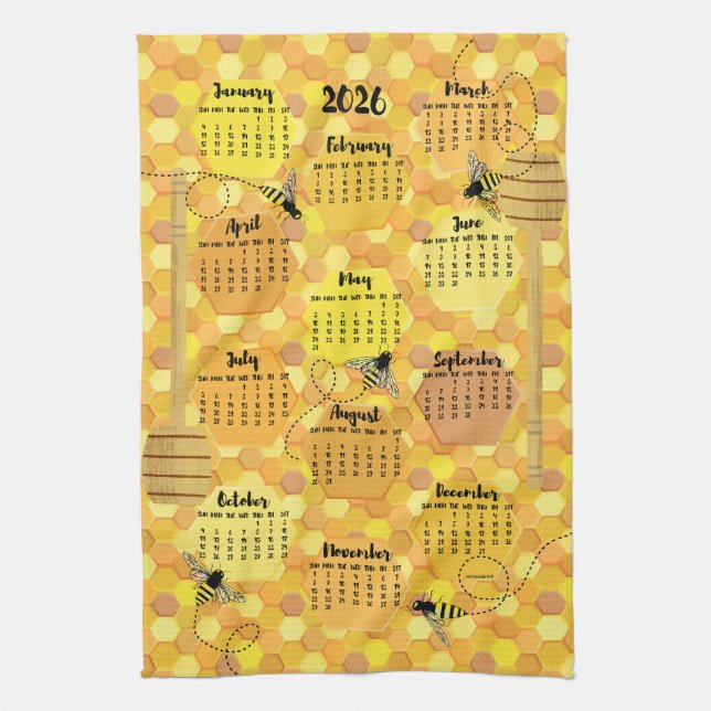 Honey Bees 2026 Calendar Tea Towel (Vertical)