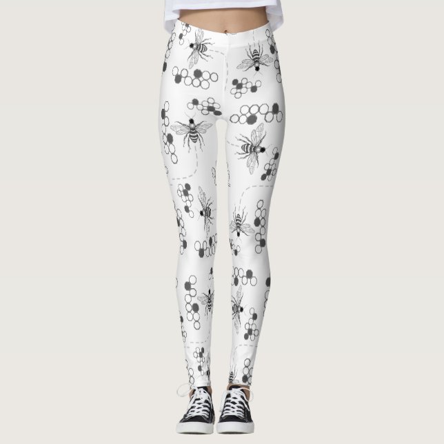 Honey Bees and Clover Black and White Leggings (Front)