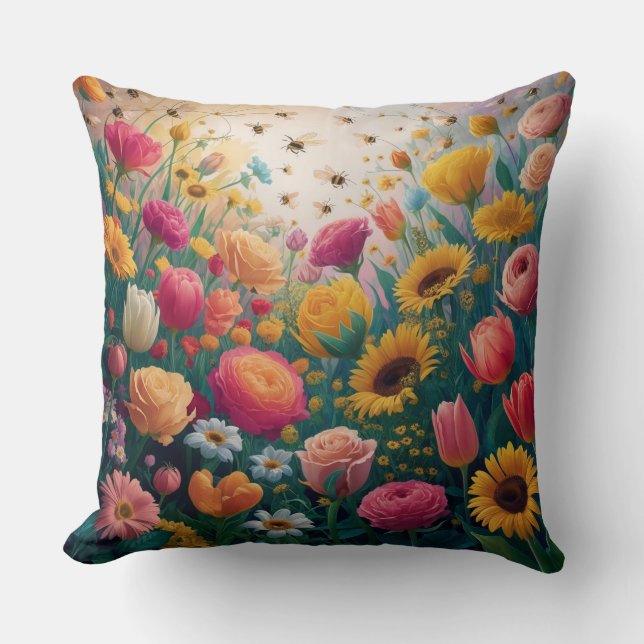 Honey Bees and Flowers Cushion (Front)
