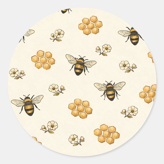 Honey Bees and Honeycomb Seamless Pattern Classic Round Sticker (Front)