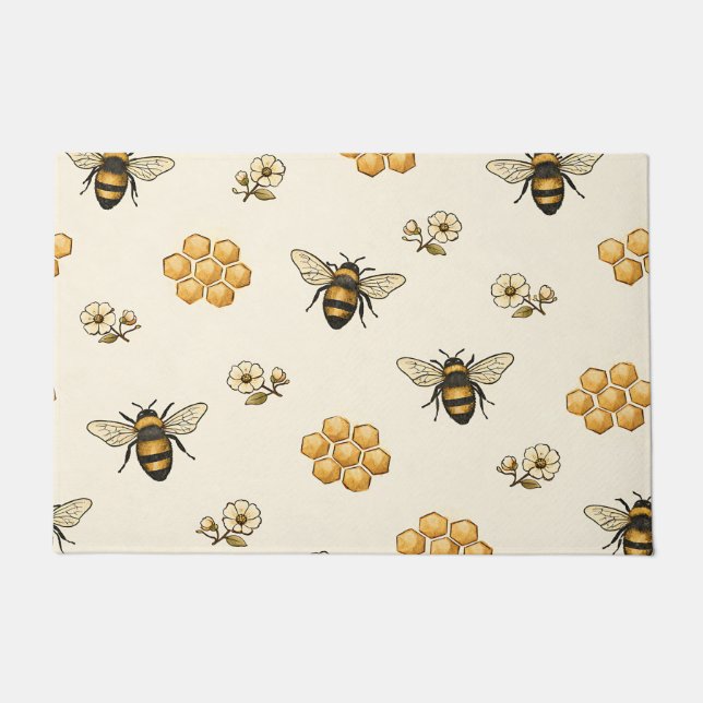 Honey Bees and Honeycomb Seamless Pattern Doormat (Front)