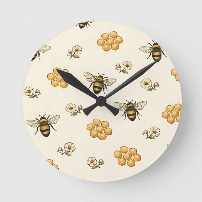 Honey Bees and Honeycomb Seamless Pattern Round Clock (Front)
