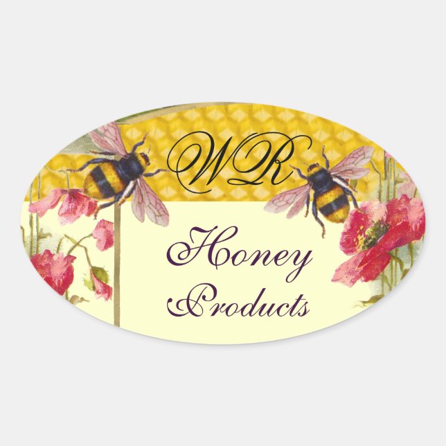 HONEY BEES AND RED POPPIES BEEKEEPER MONOGRAM OVAL STICKER (Front)