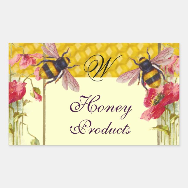 HONEY BEES AND RED POPPIES BEEKEEPER MONOGRAM RECTANGULAR STICKER (Front)