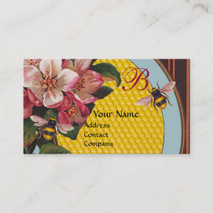 HONEY BEES AND WILD ROSES IN SKY BLUE MONOGRAM BUSINESS CARD