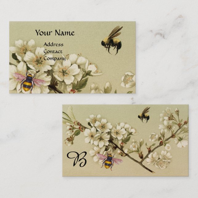 HONEY BEES AND WILD ROSES MONOGRAM Pearl Business Card (Front/Back)