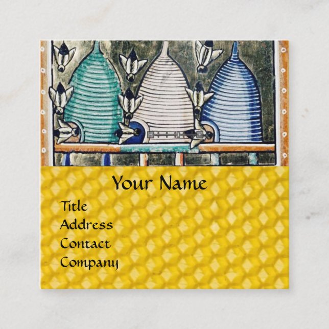 HONEY BEES,BEE HIVES, Mediaeval Beekeeper Monogram Square Business Card (Front)