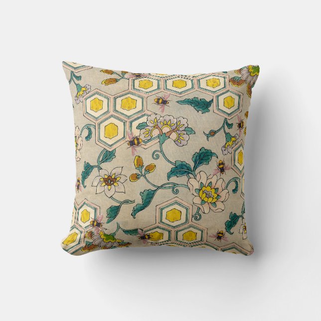 HONEY BEES,BEEHIVES, SPRING FLOWERS BEEKEEPER CUSHION (Front)