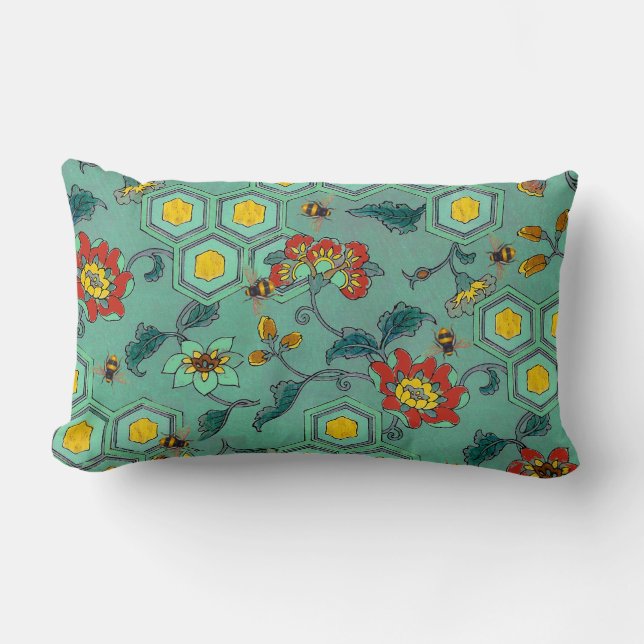 HONEY BEES,BEEHIVES,SPRING FLOWERS BEEKEEPER Green Lumbar Cushion (Front)