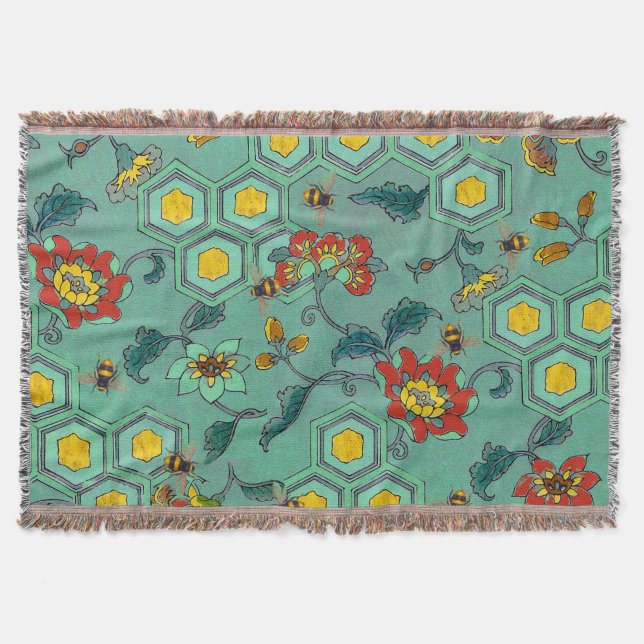 HONEY BEES,BEEHIVES,SPRING FLOWERS BEEKEEPER Green Throw Blanket (Front)