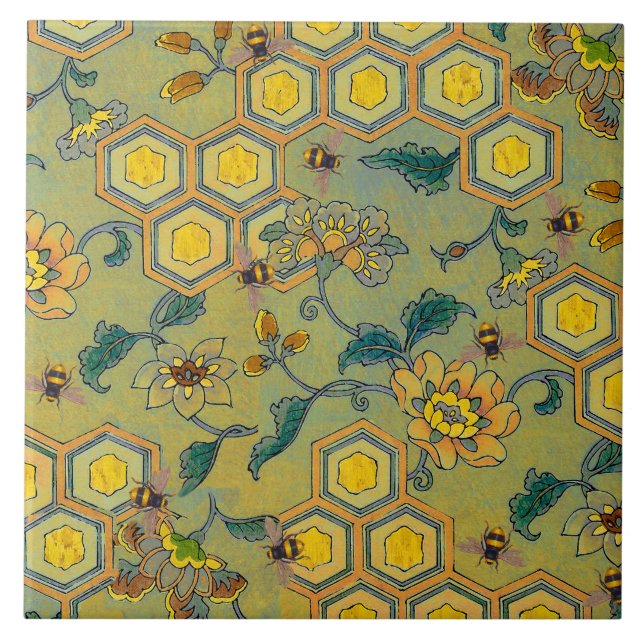 HONEY BEES,BEEHIVES,SPRING FLOWERS Yellow Green Ceramic Tile (Front)
