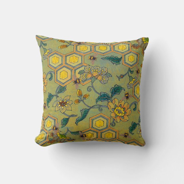 HONEY BEES,BEEHIVES,SPRING FLOWERS Yellow Green Cushion (Front)