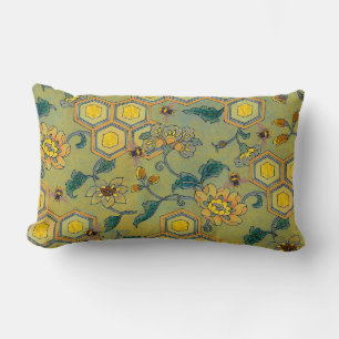 HONEY BEES,BEEHIVES,SPRING FLOWERS Yellow Green Lumbar Cushion