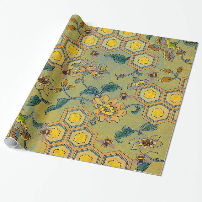 HONEY BEES,BEEHIVES,SPRING FLOWERS Yellow Green Wrapping Paper (Unrolled)